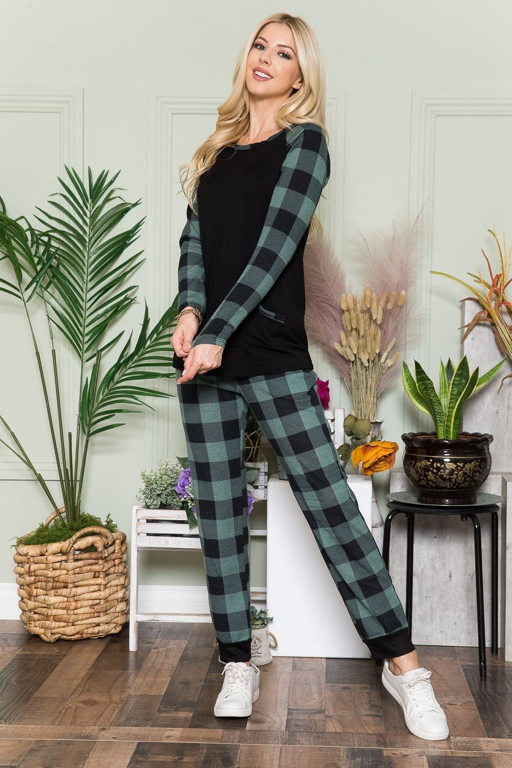 Celeste Plaid Long Sleeve T-Shirt with Pockets-Angel Casuals