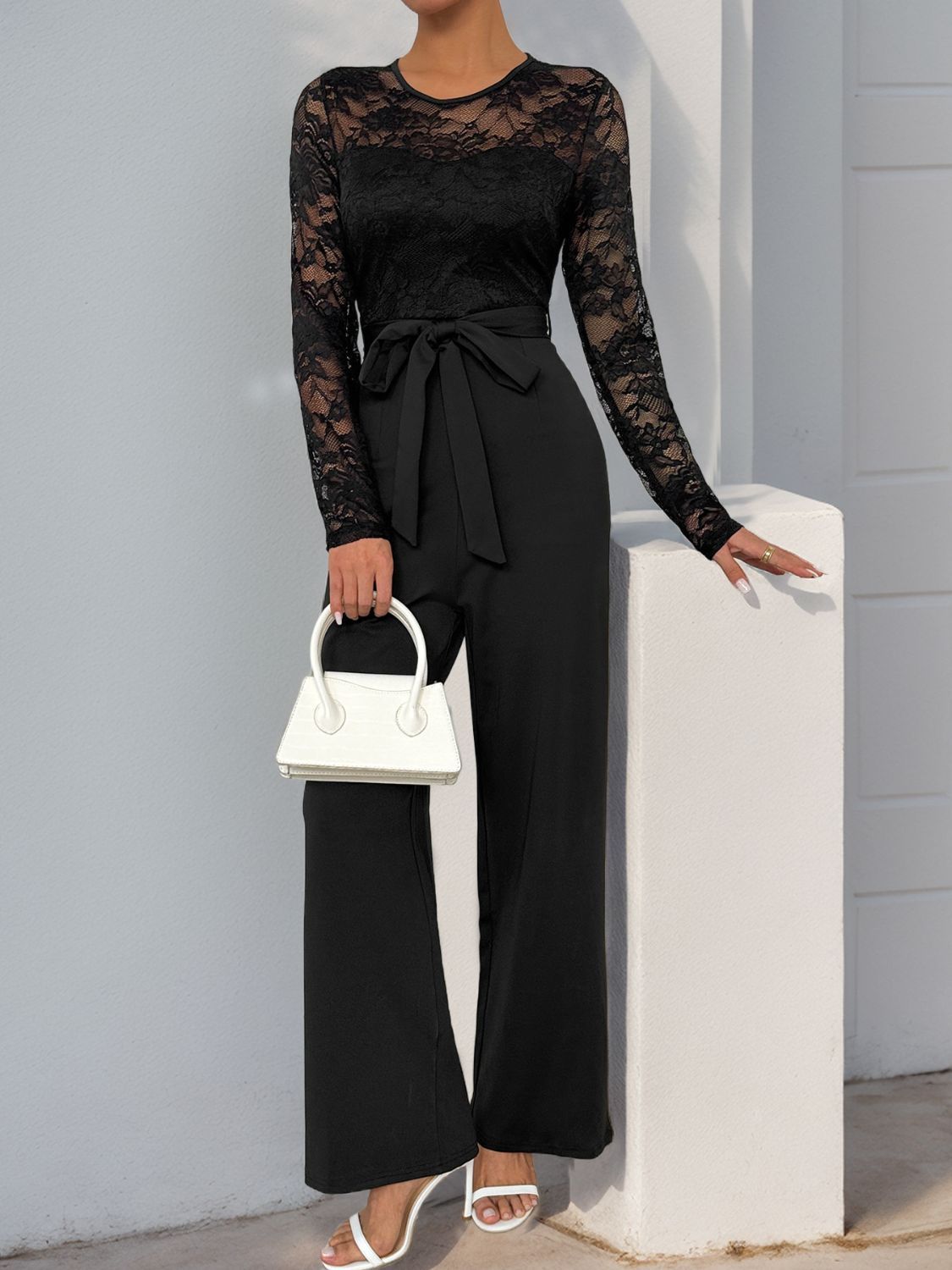 Perfee Lace Round Neck Long Sleeve Jumpsuit-Angel Casuals