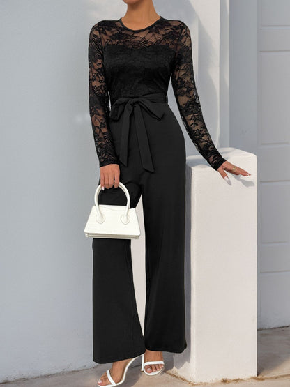 Perfee Lace Round Neck Long Sleeve Jumpsuit-Angel Casuals