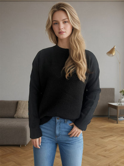 Round Neck Drop Shoulder Long Sleeve Sweater-Angel Casuals