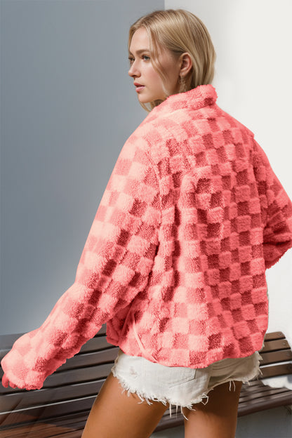 Double Take Checkered Long Sleeve Fuzzy Jacket-Angel Casuals