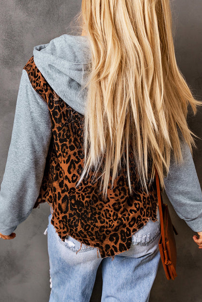 Leopard Distressed Drawstring Hooded Denim Jacket-Angel Casuals