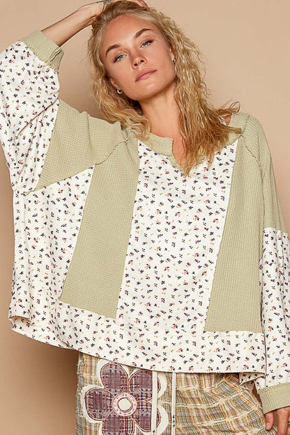 POL Waffle Knit Floral Notched Long Sleeve Top-Angel Casuals