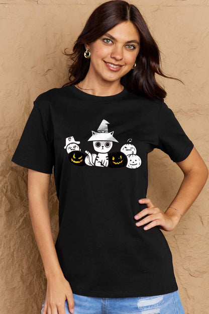 Simply Love Full Size Cat & Pumpkin Graphic Cotton T-Shirt-Angel Casuals