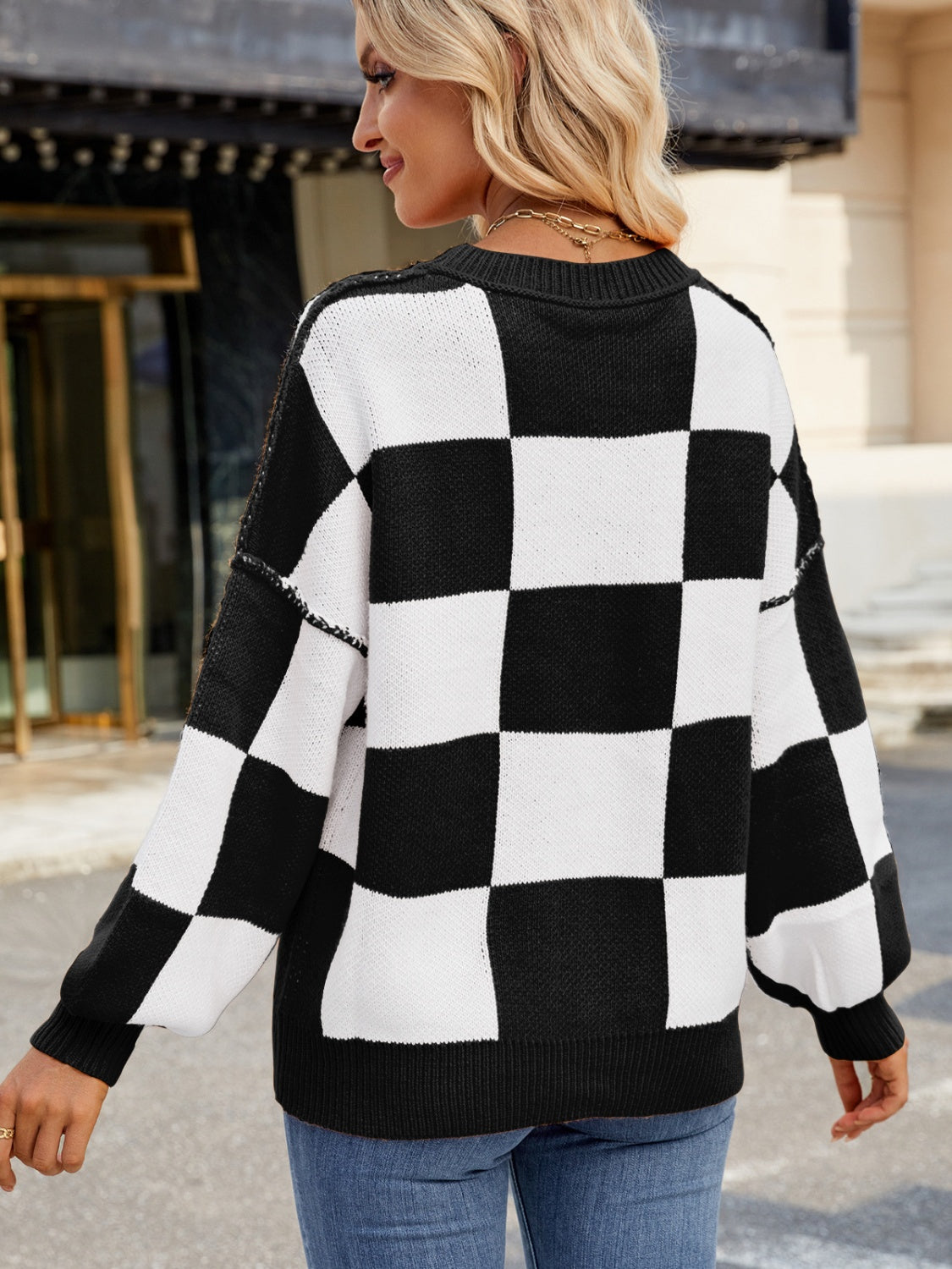 Checkered Round Neck Long Sleeve Sweater-Angel Casuals