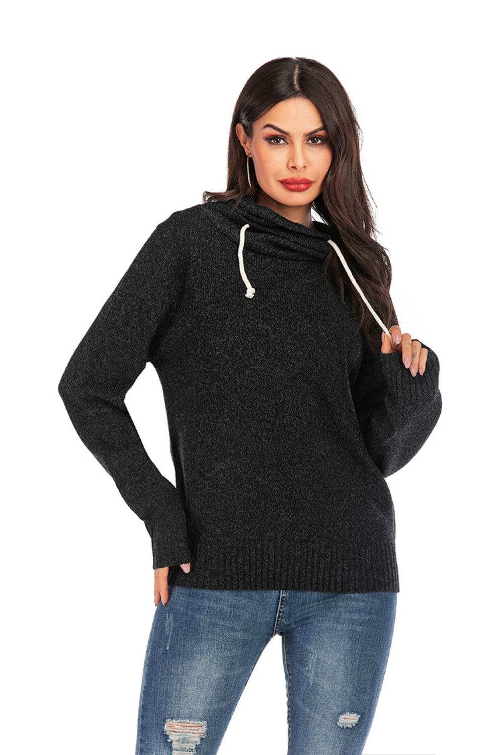 Drawstring Mock Neck Long Sleeve Sweater-Angel Casuals