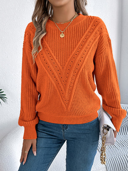 Openwork Round Neck Long Sleeve Sweater-Angel Casuals
