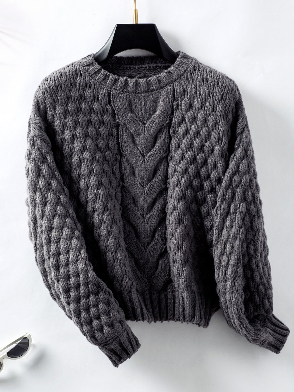 Cable-Knit Round Neck Long Sleeve Sweater-Angel Casuals