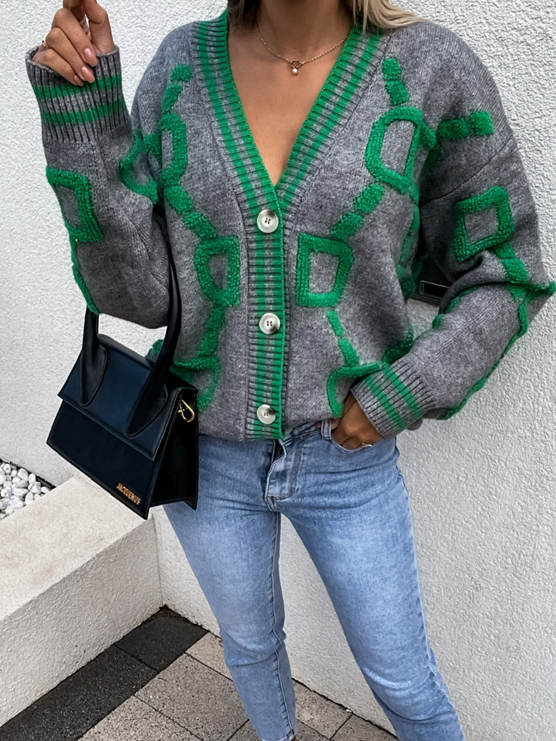 Geometric Dropped Shoulder Button Down Cardigan-Angel Casuals