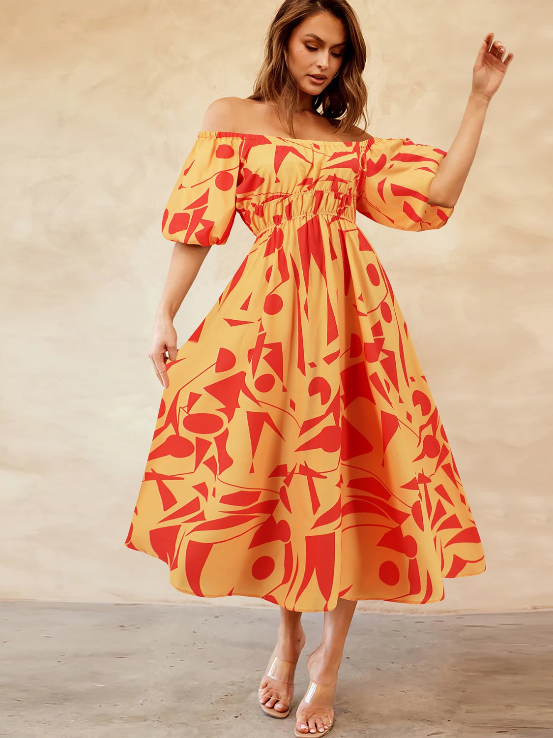 Printed Off-Shoulder Balloon Sleeve Dress-Angel Casuals