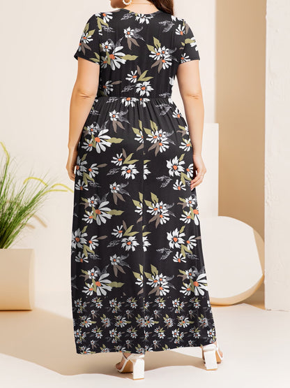 Plus Size Printed Round Neck Short Sleeve Maxi Dress-Angel Casuals