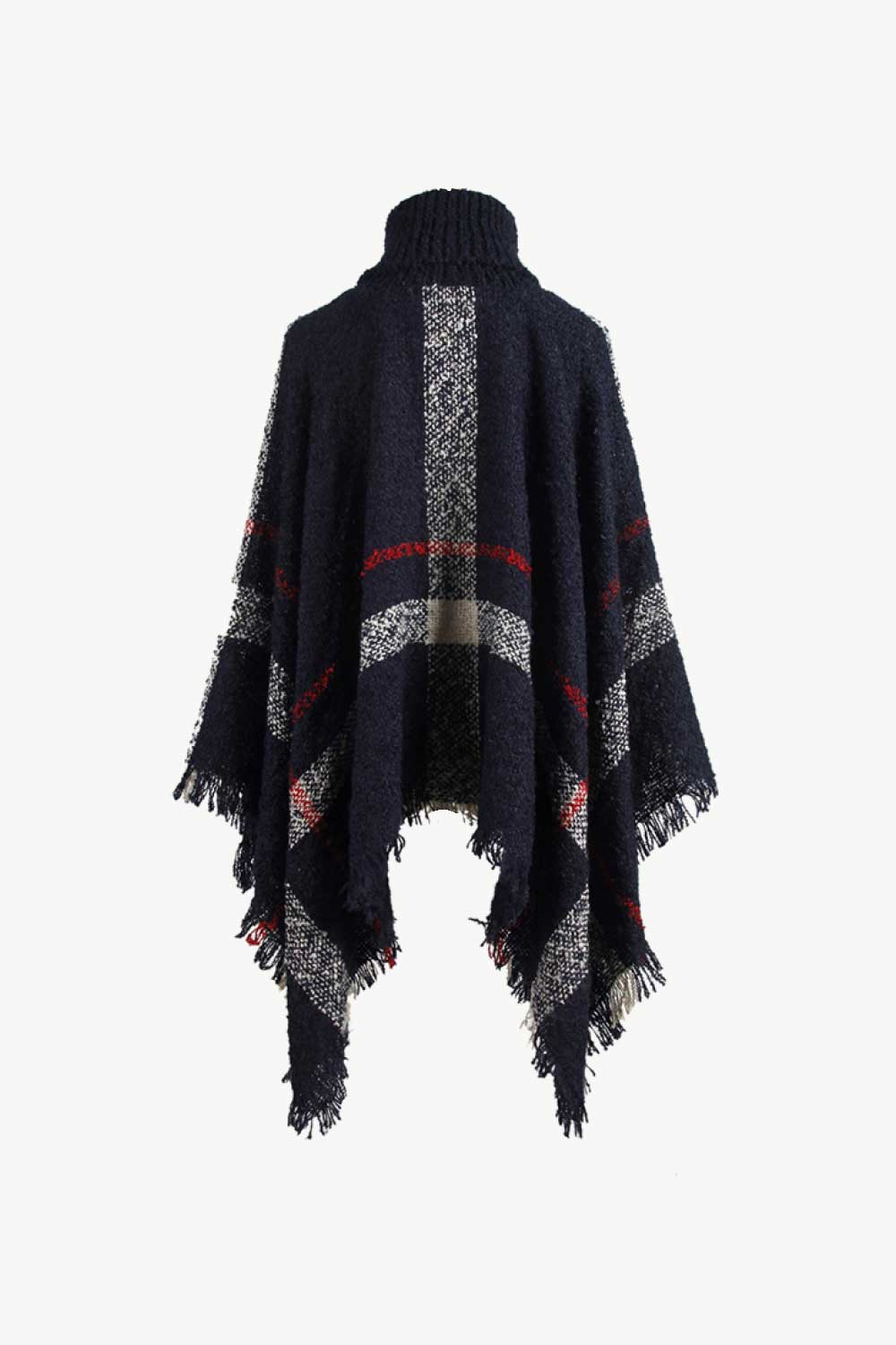 Plaid Turtleneck Raw Hem Poncho-Angel Casuals