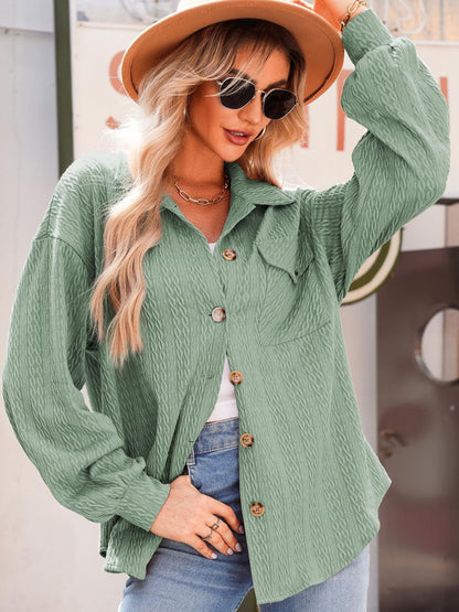 Textured Button Up Long Sleeve Shacket-Angel Casuals