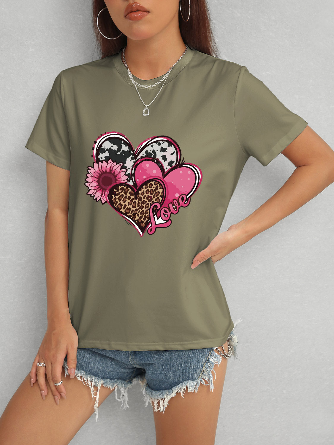 Heart Round Neck Short Sleeve T-Shirt-Angel Casuals