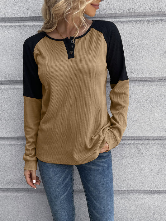 Contrast Buttoned Round Neck Raglan Sleeve Top-Angel Casuals