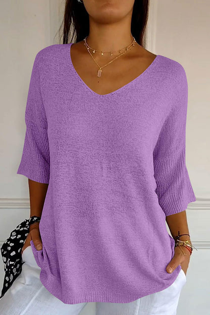 V-Neck Three-Quarter Sleeve Knit Top-Angel Casuals