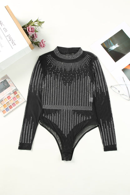 Rhinestone Round Neck Long Sleeve Bodysuit-Angel Casuals