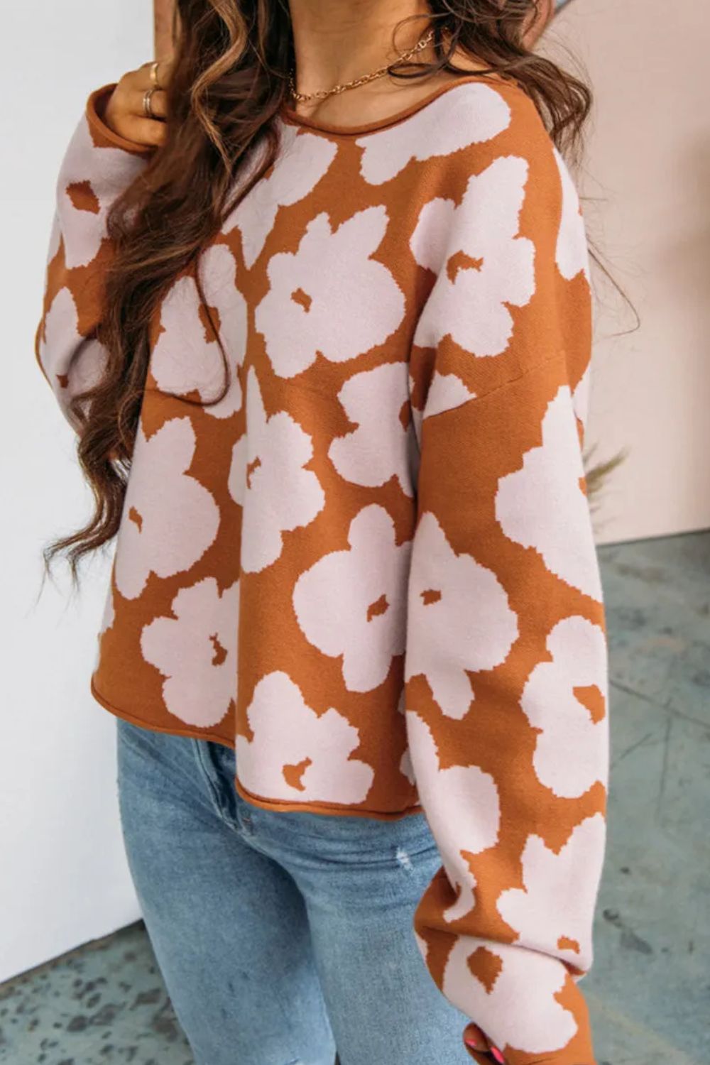 Flower Round Neck Long Sleeve Knit Top-Angel Casuals