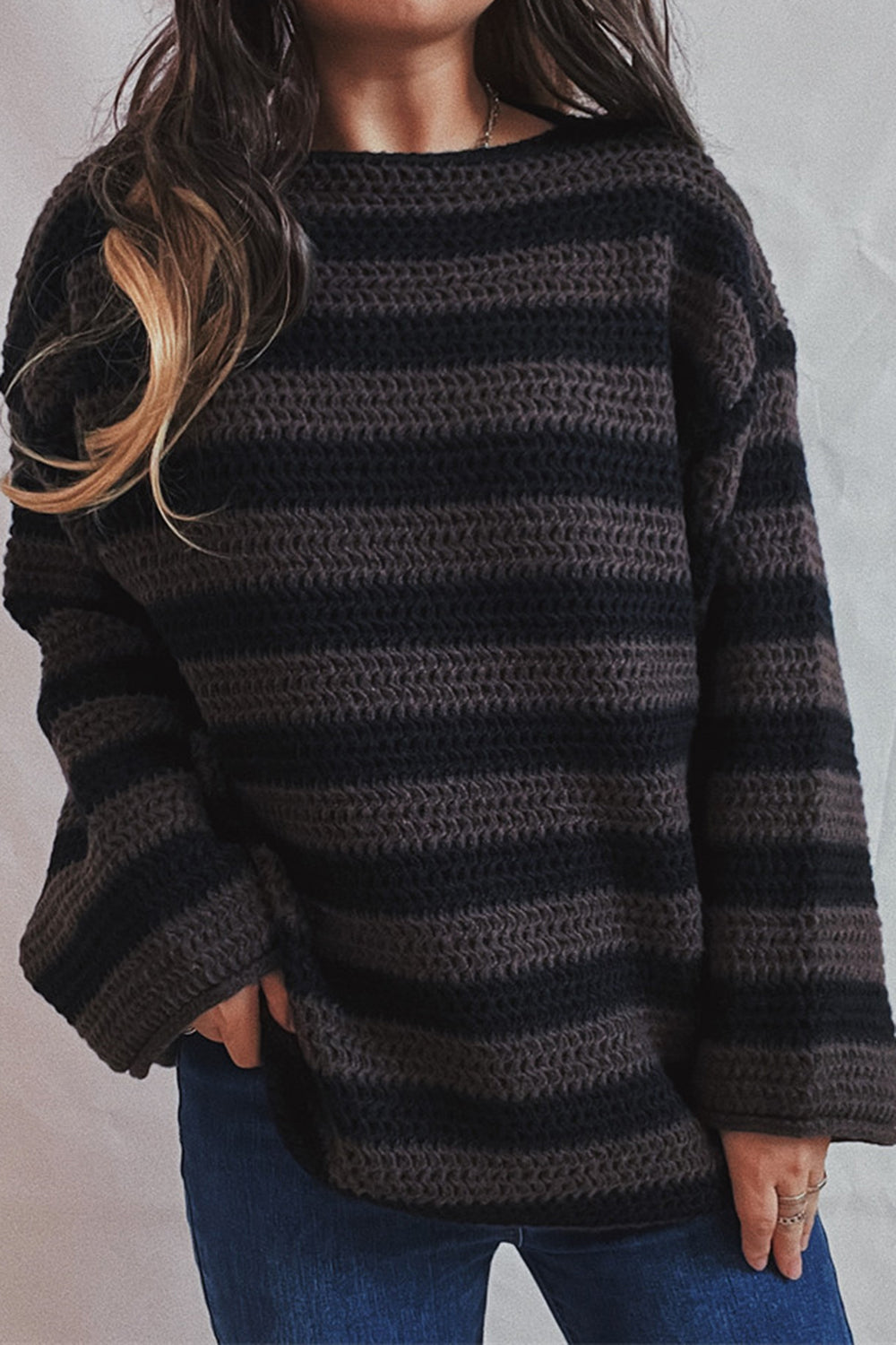 Striped Round Neck Dropped Shoulder Sweater-Angel Casuals