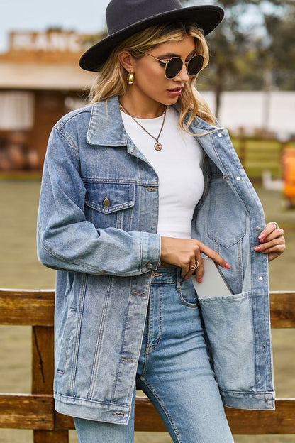 Buttoned Collared Neck Denim Jacket with Pockets-Angel Casuals