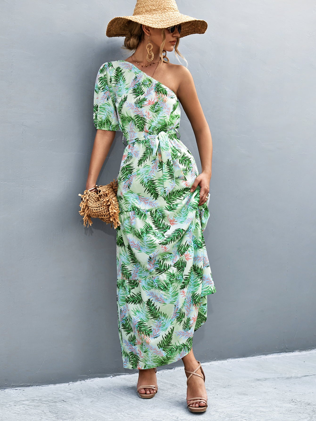 Printed Tie Waist One Shoulder Maxi Dress-Angel Casuals