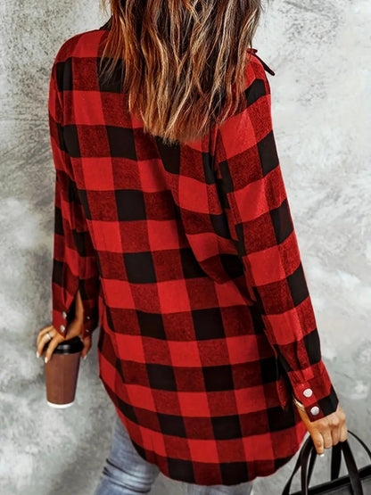Plaid Collared Neck Snap Down Long Sleeve Jacket-Angel Casuals