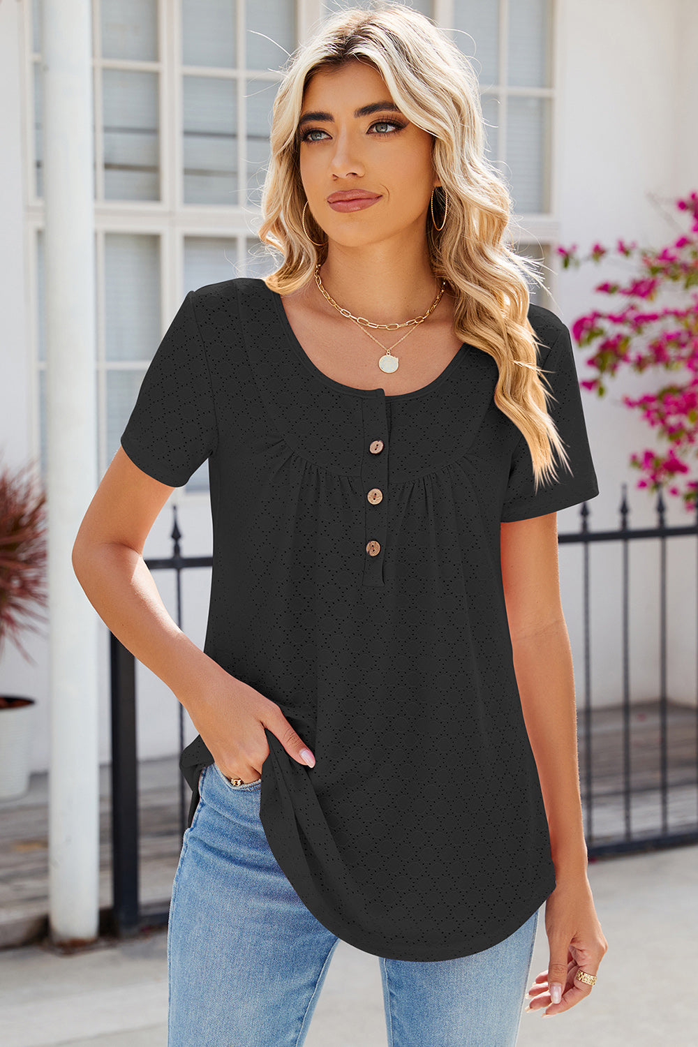 Eyelet Quarter Button Short Sleeve T-Shirt-Angel Casuals