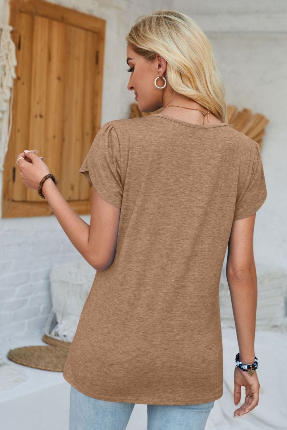 V-Neck Petal Sleeve T-Shirt-Angel Casuals