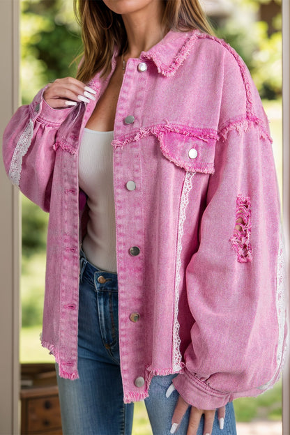 Lace Detail Distressed Raw Hem Long Sleeve Denim Jacket-Angel Casuals