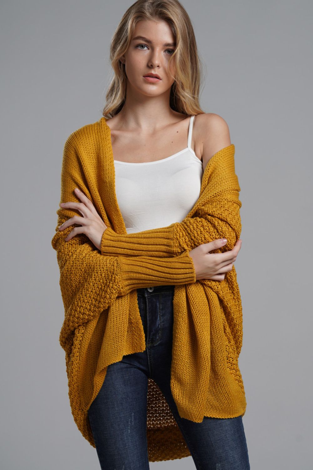 Dolman Sleeve Open Front Ribbed Trim Longline Cardigan-Angel Casuals