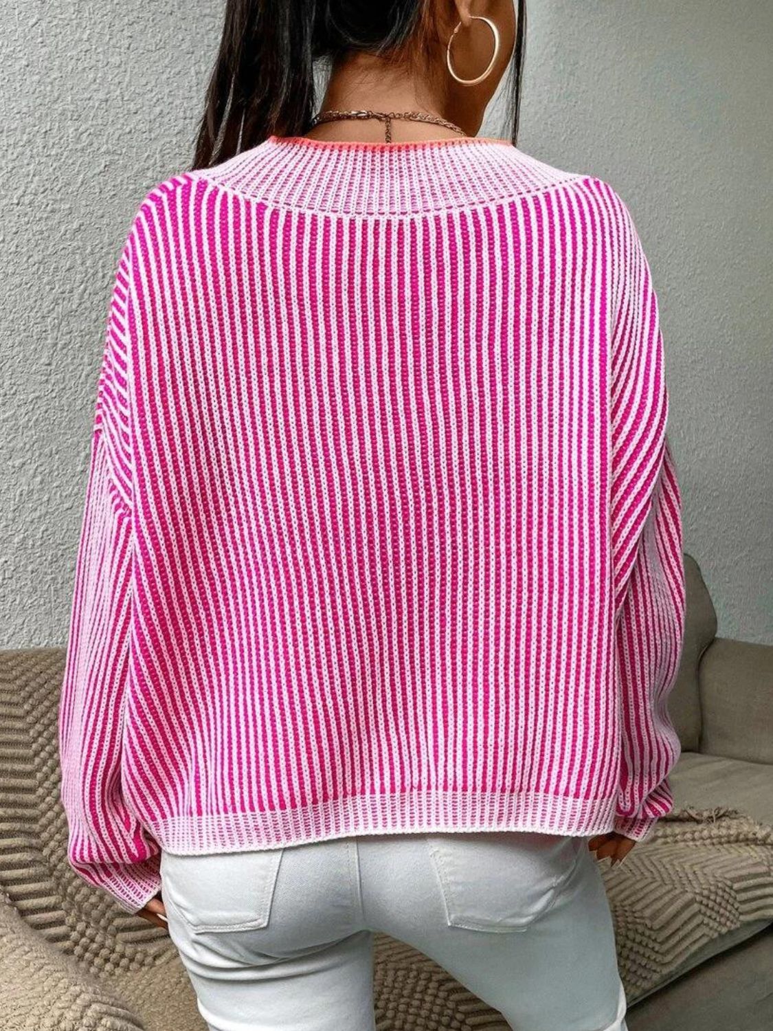 Striped V-Neck Long Sleeve Sweater-Angel Casuals