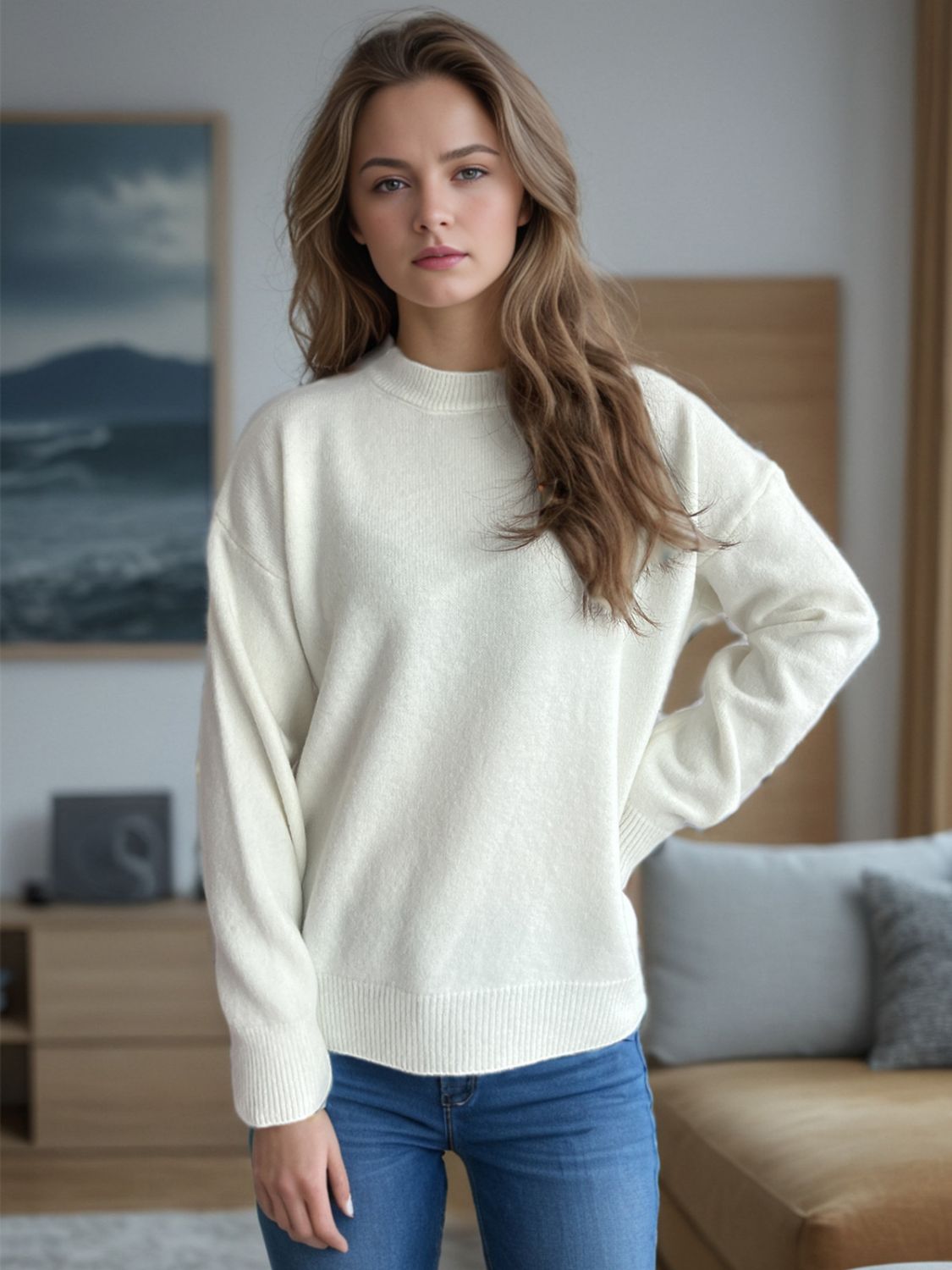 Round Neck Drop Shoulder Long Sleeve Sweater-Angel Casuals