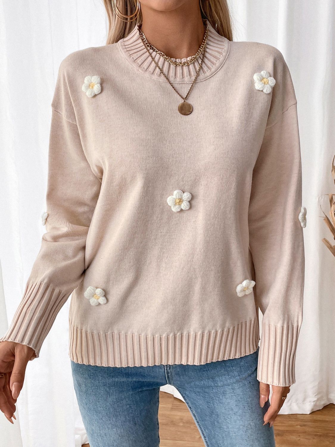 Perfee Flower Round Neck Long Sleeve Sweater-Angel Casuals