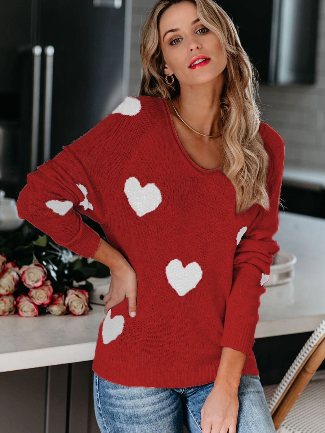 Heart Scoop Neck Long Sleeve Sweater-Angel Casuals