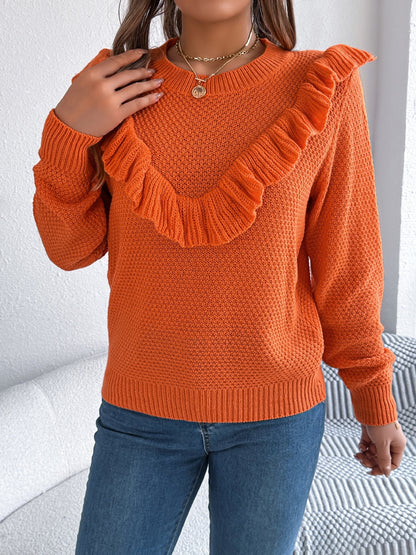 Ruffled Round Neck Long Sleeve Sweater-Angel Casuals