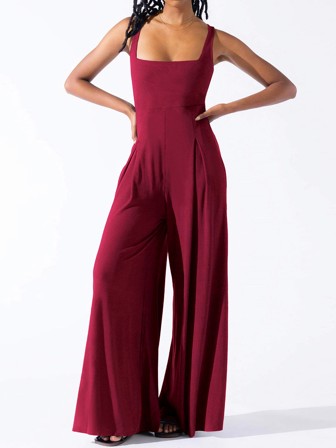 Square Neck Wide Strap Jumpsuit-Angel Casuals