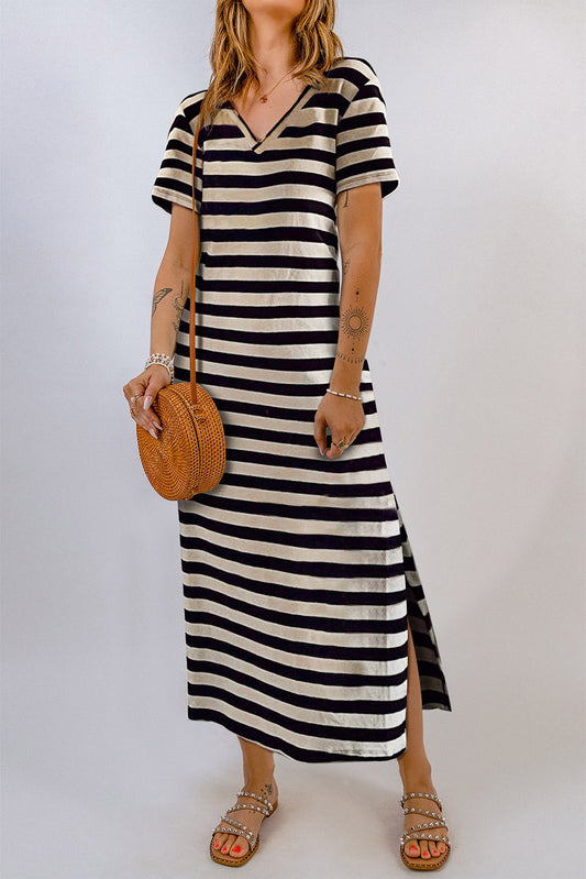 Striped V-Neck Short Sleeve Side Slit Dress-Angel Casuals