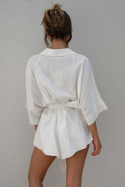 Tied Button Up Collared Neck Romper-Angel Casuals