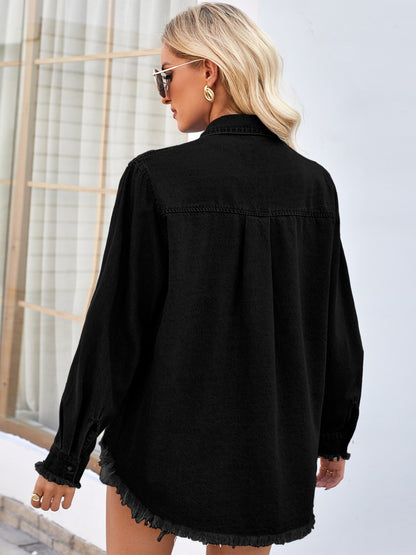 Raw Hem Button Up Long Sleeve Denim Jacket with Sequin Pockets-Angel Casuals
