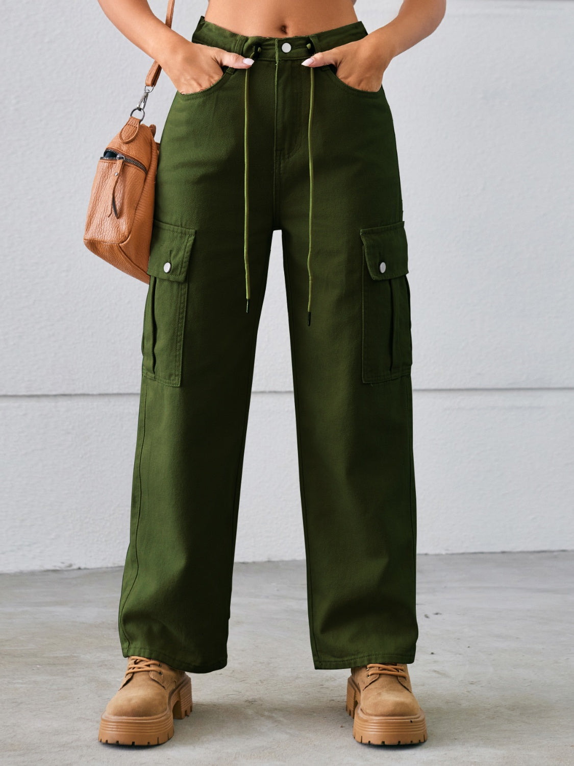 Drawstring Mid-Rise Waist Straight Cargo Jeans-Angel Casuals