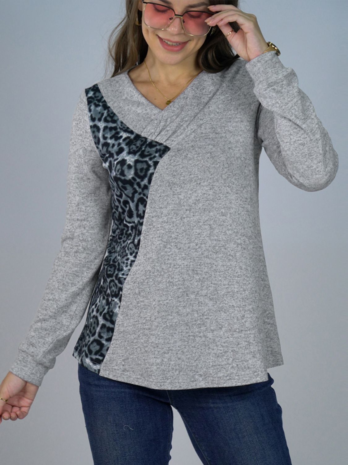 Leopard Print V-Neck Long Sleeve Tee-Angel Casuals