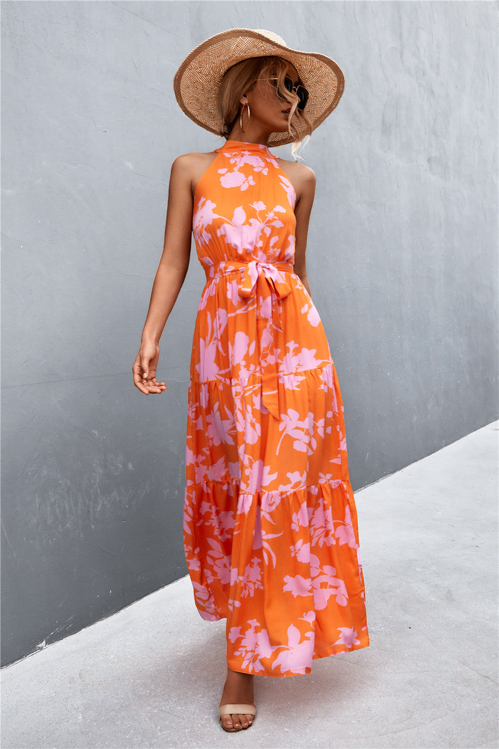 Printed Sleeveless Tie Waist Maxi Dress-Angel Casuals