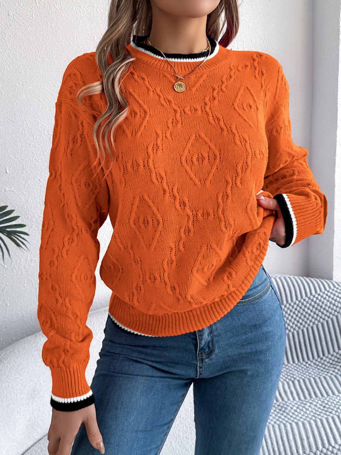 Contrast Trim Round Neck Long Sleeve Sweater-Angel Casuals