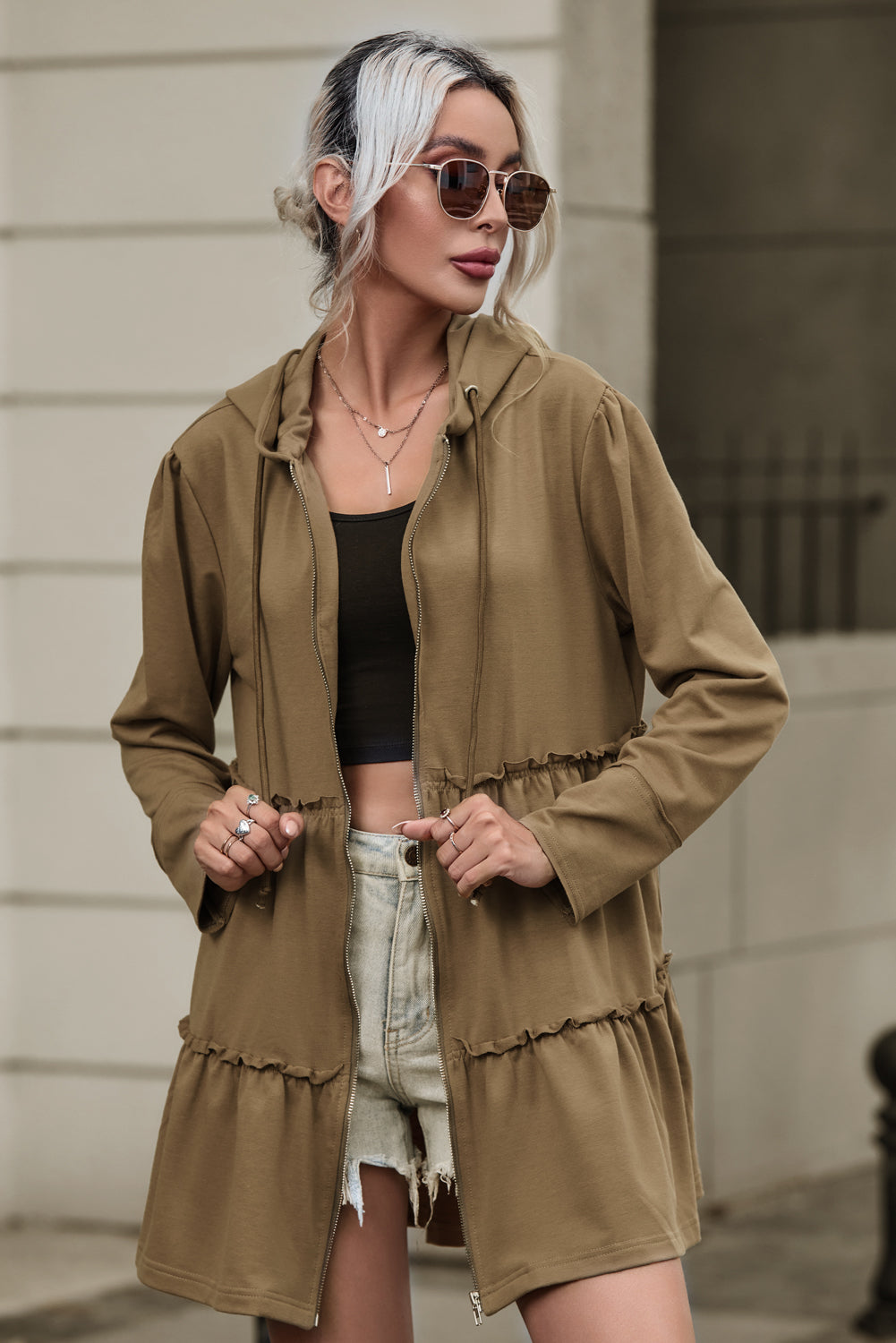 Zip Up Frill Drawstring Hooded Jacket-Angel Casuals