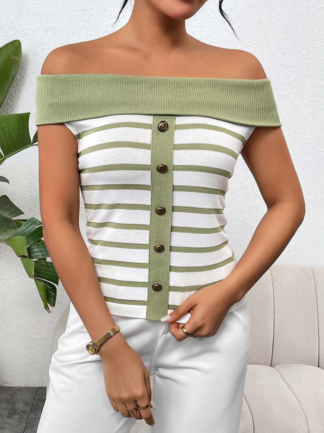 Decorative Button Striped Off-Shoulder Knit Top-Angel Casuals