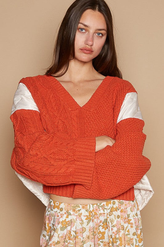 POL Cable Knit Quilting Patch V-Neck Contrast Sweater-Angel Casuals