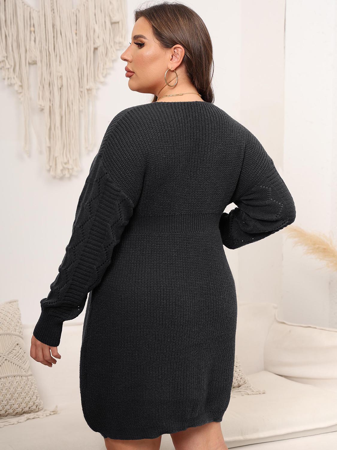 Plus Size Dropped Shoulder Long Sleeve Knit Mini Dress-Angel Casuals