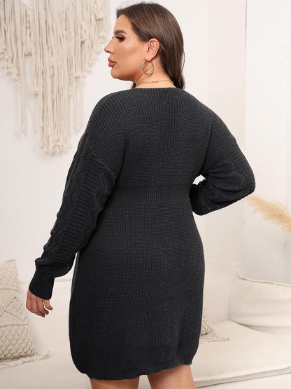 Plus Size Dropped Shoulder Long Sleeve Knit Mini Dress-Angel Casuals