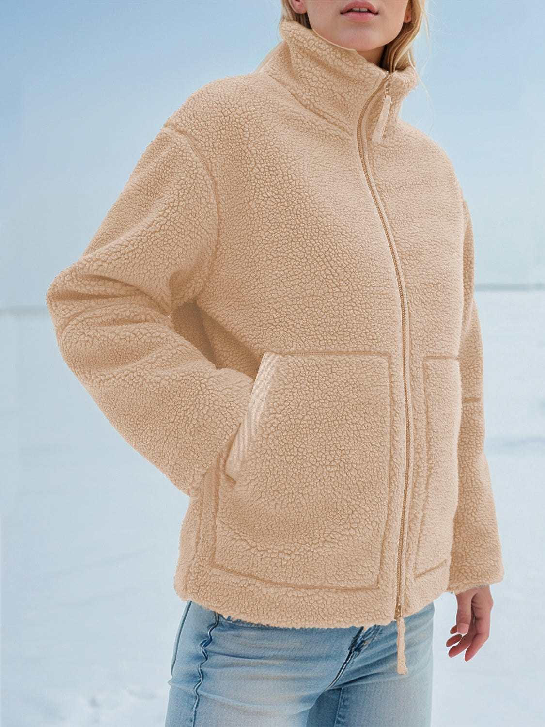 Turtleneck Zip Up Long Sleeve Plush Jacket-Angel Casuals