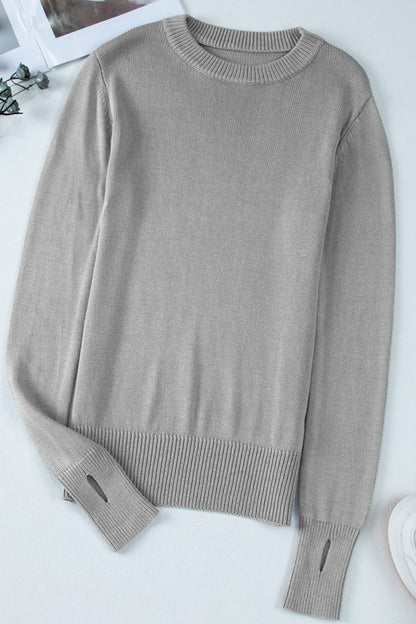 Ribbed Hem Round Neck Long Sleeve Sweater-Angel Casuals